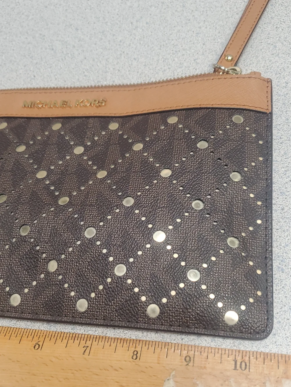 Michael Kors Dark Brown Perforated Zip Clutch with Tan Trim